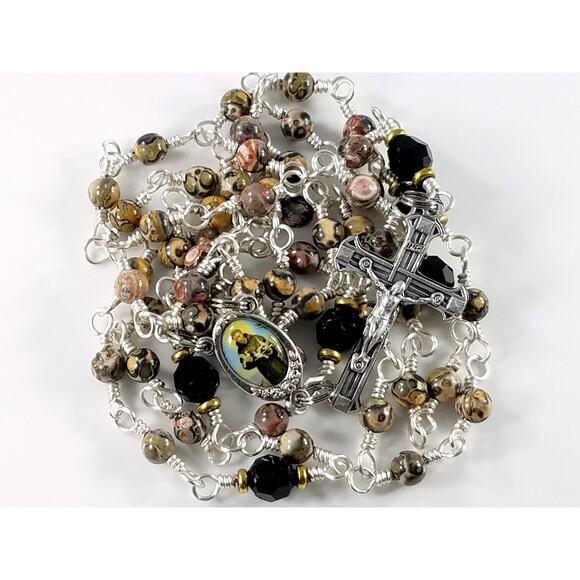 St. Francis of Assisi 5 Decade Rosary, Gemstone & Crystal Beads, Silver Plated - Picture 2 of 10